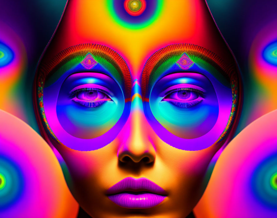 Colorful psychedelic portrait with symmetrical face and chakra symbols