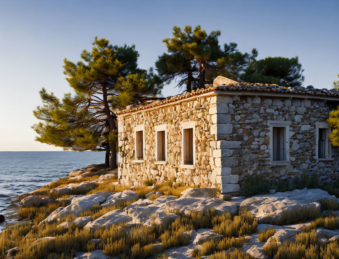 Stone House with Shuttered Windows in Pine Trees by Rocky Seaside at Golden Hour