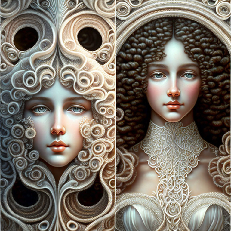 Digital artwork of two stylized female portraits with swirl patterns and intricate lace details