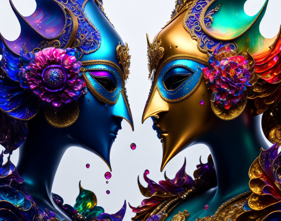 Intricate Venetian masks with vivid colors on bright backdrop