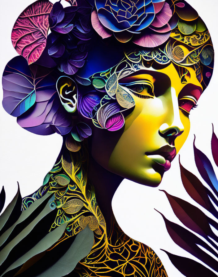 Colorful artistic illustration of person with floral patterns and leaves in yellow and purple.