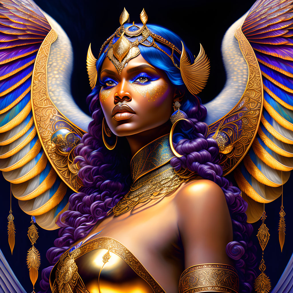 Digital artwork featuring majestic woman with blue skin, golden headdress, wings, and armor.