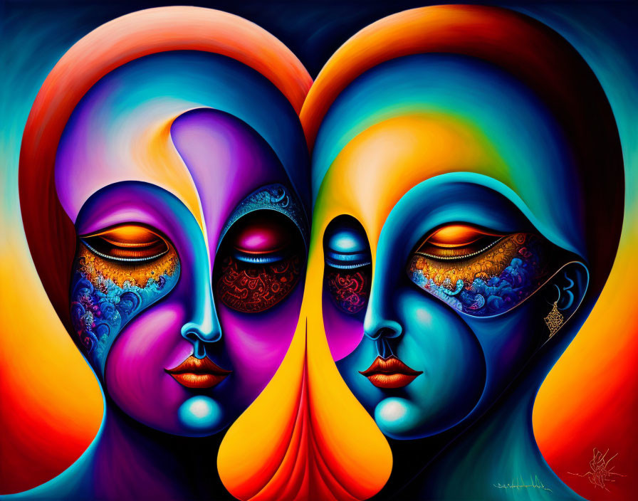 Colorful Abstract Portrait Featuring Two Faces with Ornate Patterns