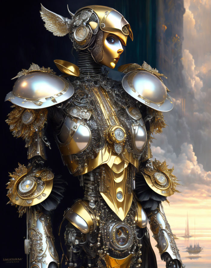 Intricate Gold and Black Medieval Knight Robot Against Cloudy Sky