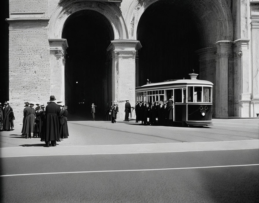 Vintage Tram and Classic Attire Scene Near Arched Building