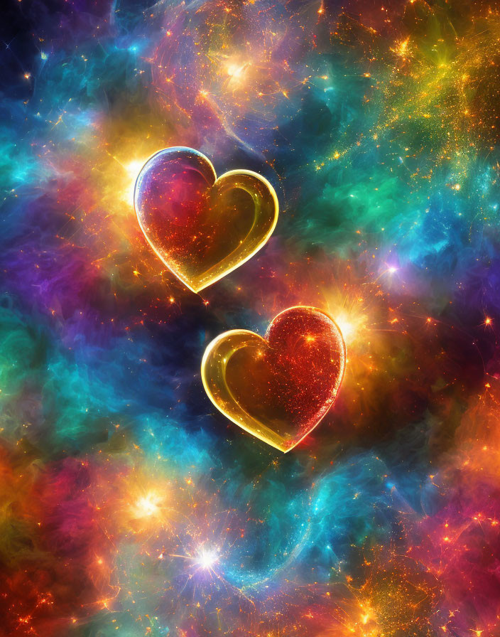 Glowing heart shapes with golden outline in cosmic background