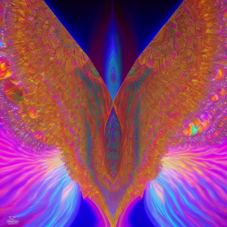 Symmetrical Abstract Image: Butterfly Wing Patterns in Blue, Gold, Purple