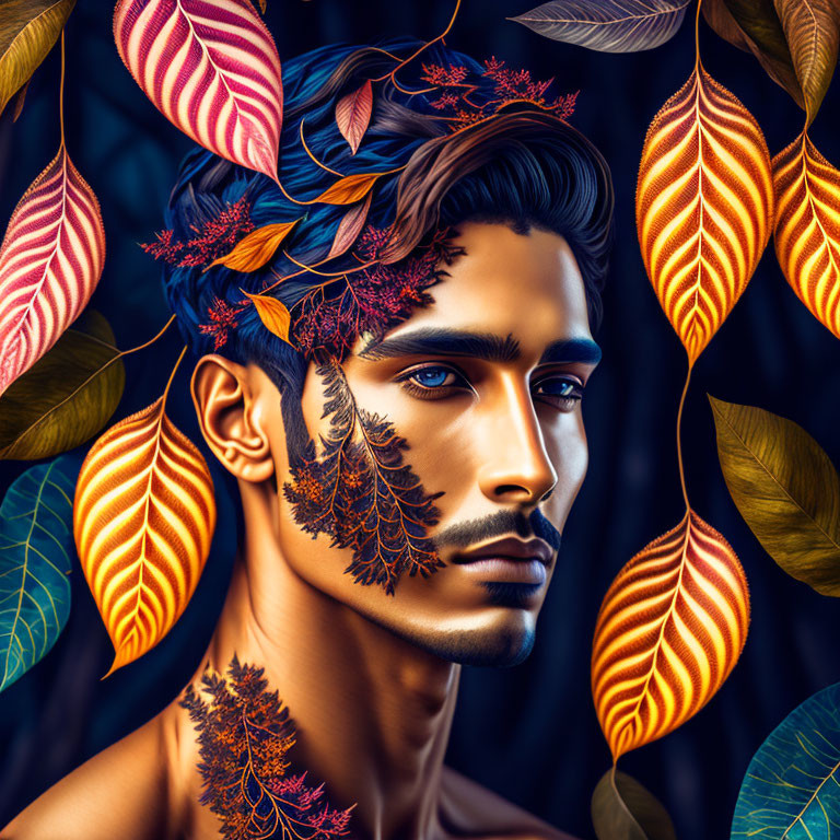 Vibrant digital art: man with blue eyes in metallic foliage