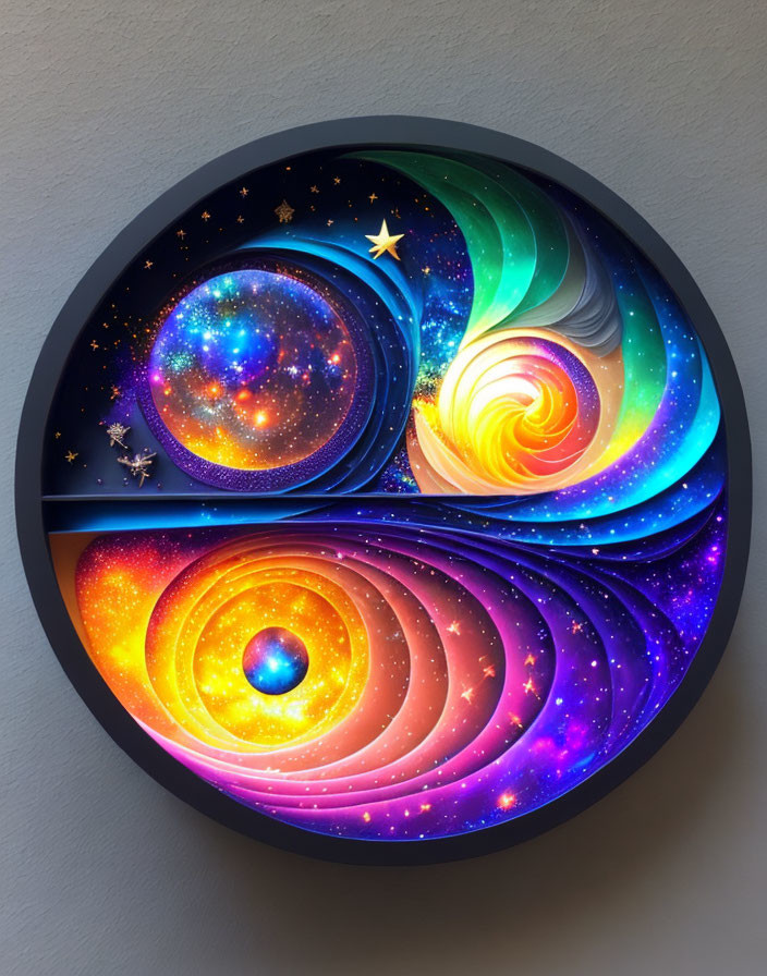 Colorful Circular Cosmic Artwork with Galaxies and Stars