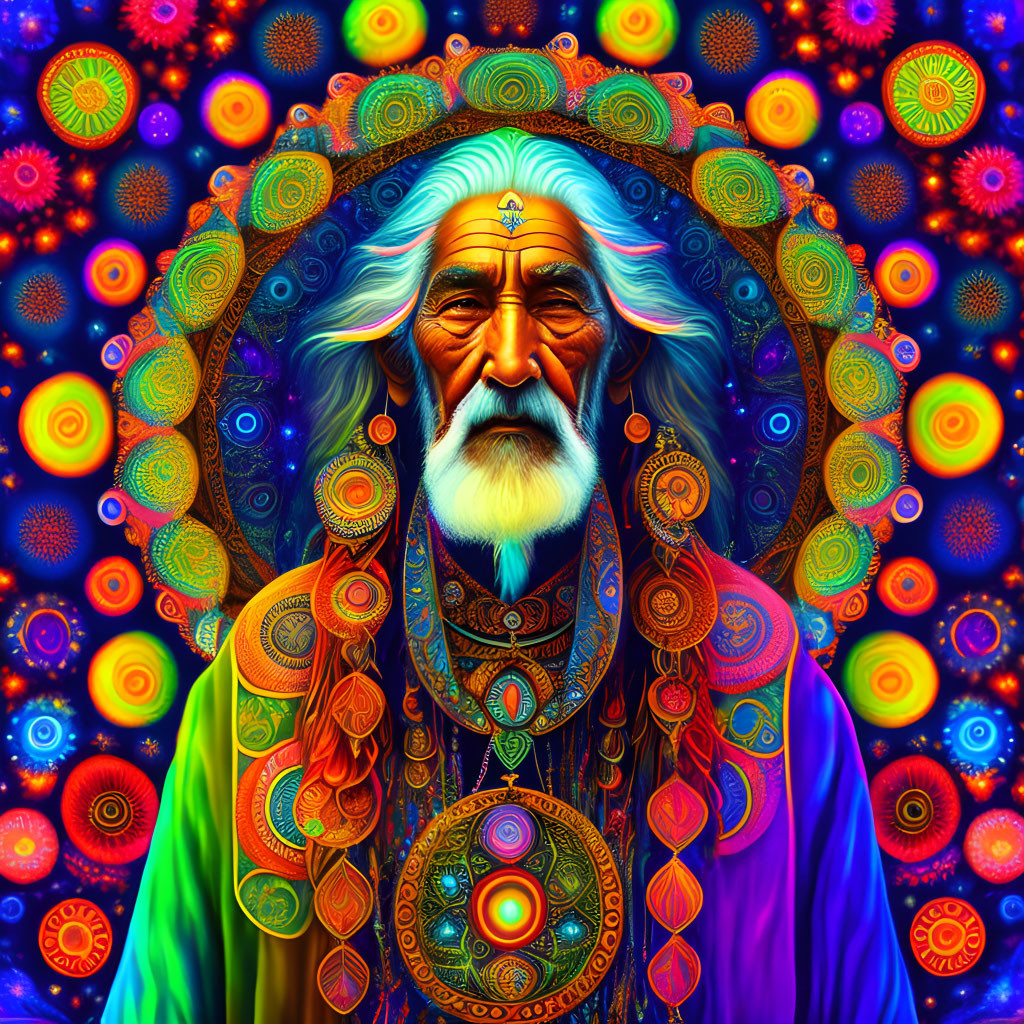 Colorful Psychedelic Portrait of Elderly Man with White Beard