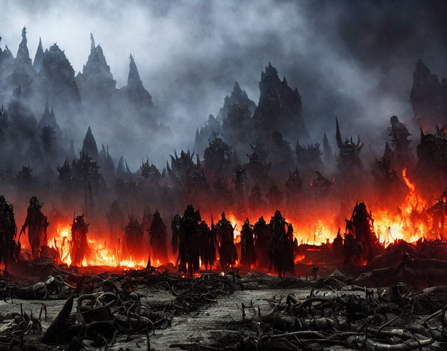 Sinister figures with glowing red eyes in fiery, smoky setting.