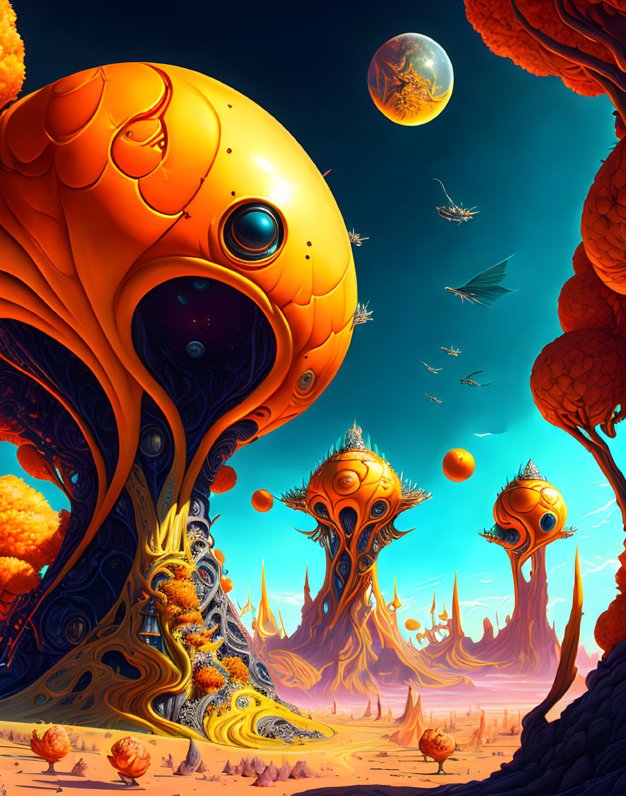 Surreal landscape with orange trees, blue sky, planet, birds, and intricate details