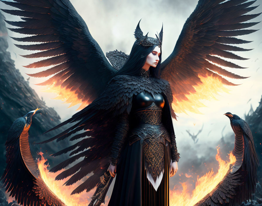 Majestic figure with black wings, flames, ornate armor, crown, and ravens