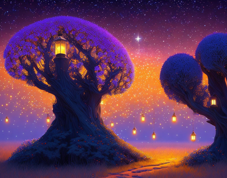 Fantasy landscape with purple trees, lanterns, and starry sky