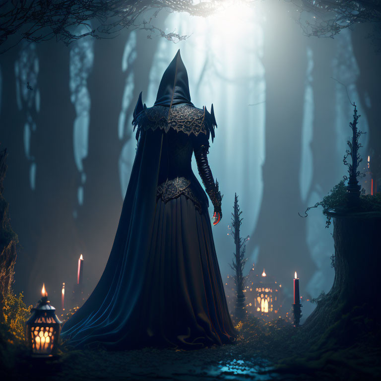 Mystical forest scene with cloaked figure at dusk