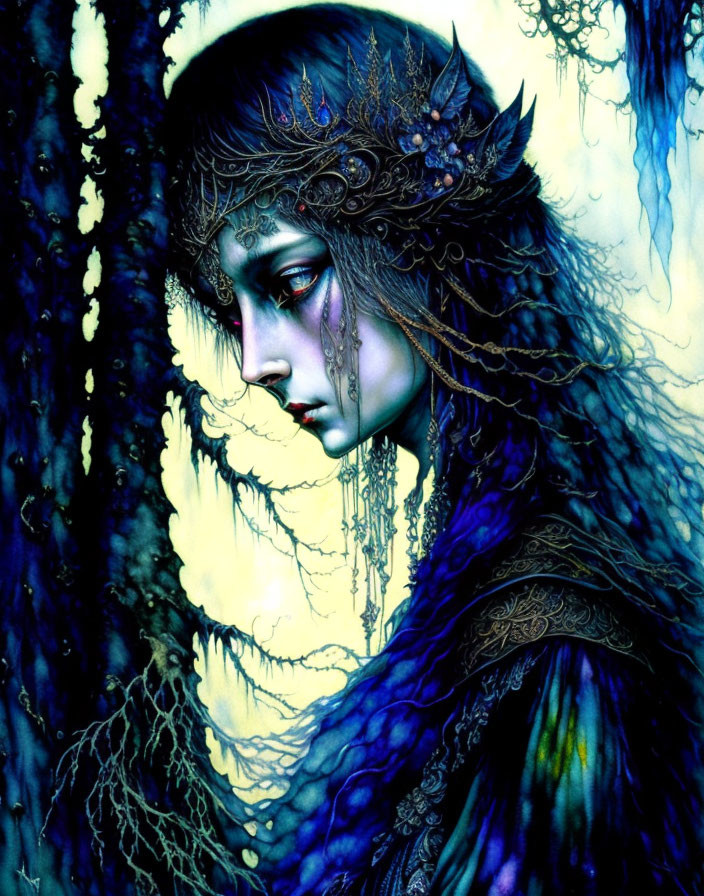 Person in ornate headdress and blue garb in mystical forest.