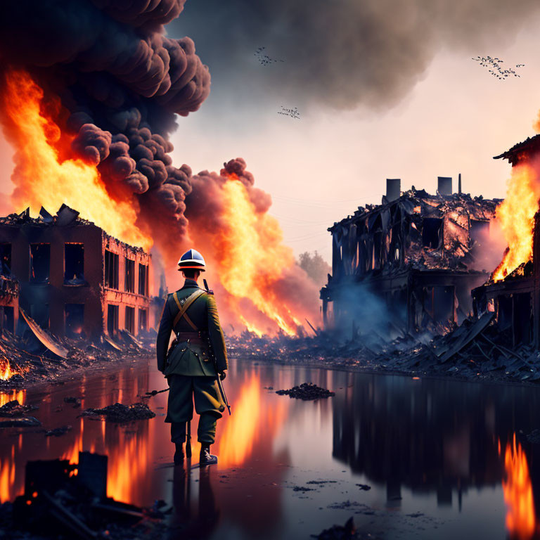 Soldier in uniform walking in burning cityscape with destroyed buildings.