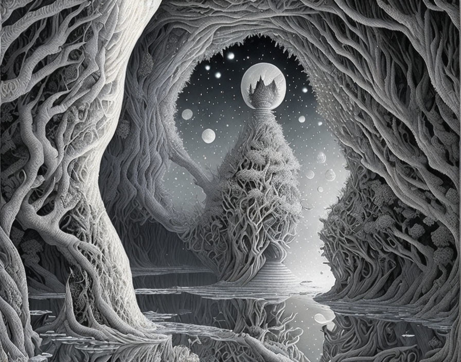 Detailed Monochromatic Fantasy Forest Illustration