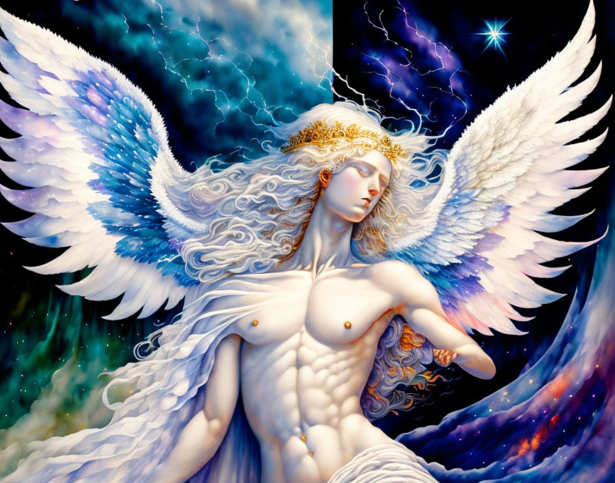 Ethereal angel with white wings and golden crown in cosmic setting