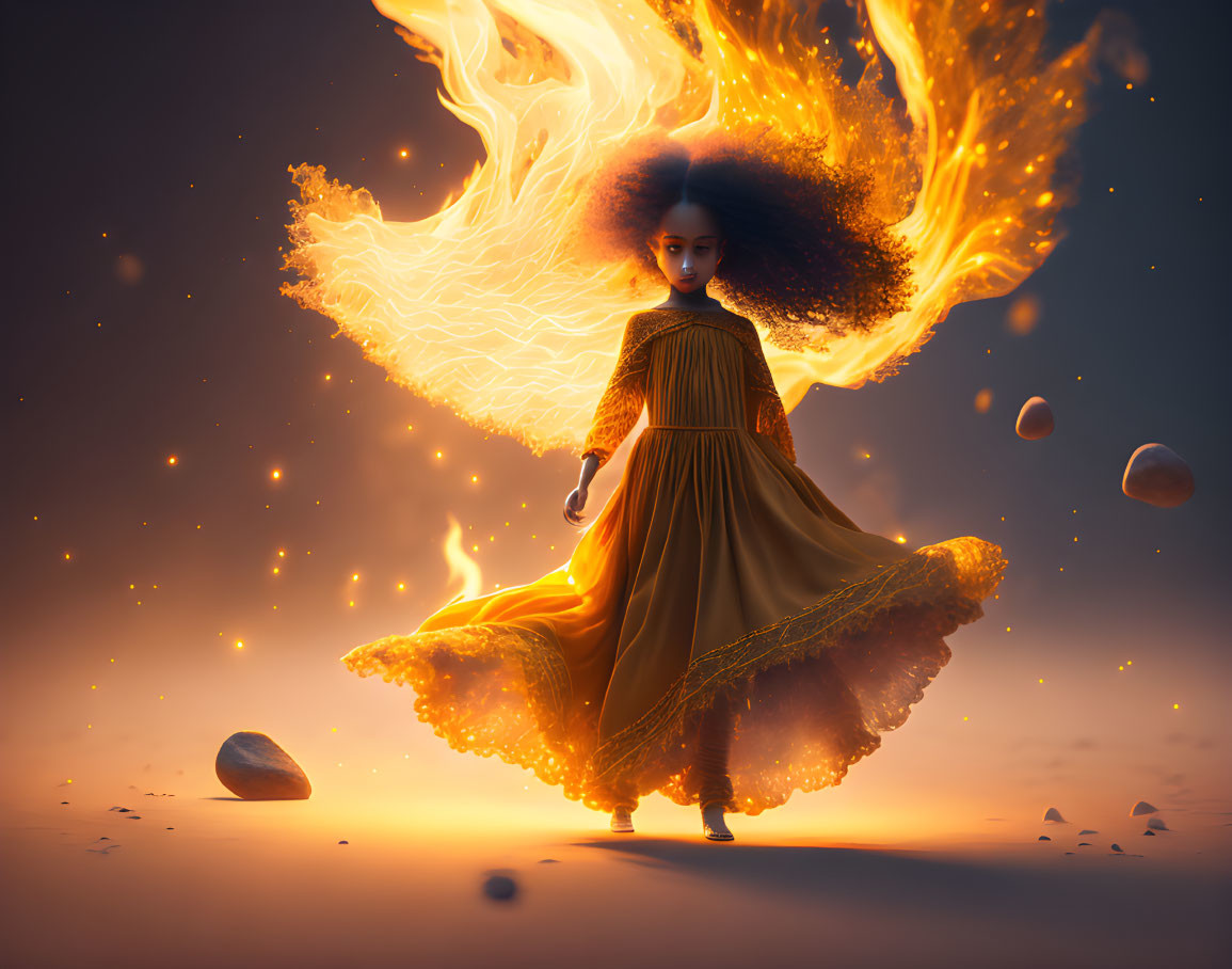 Stylized image of girl with fiery phoenix aura in dusk setting