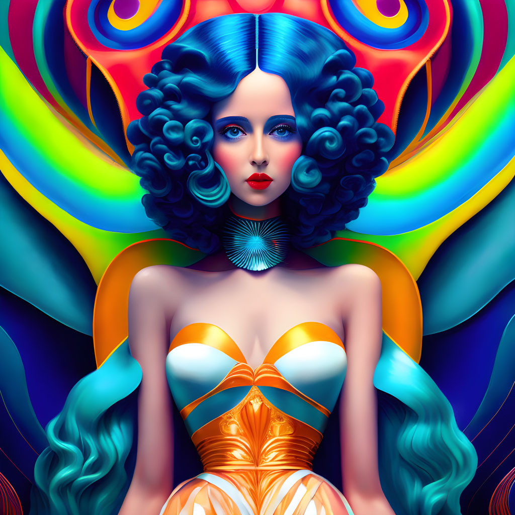 Colorful digital art of a woman with blue curly hair and eyes, set against abstract backdrop