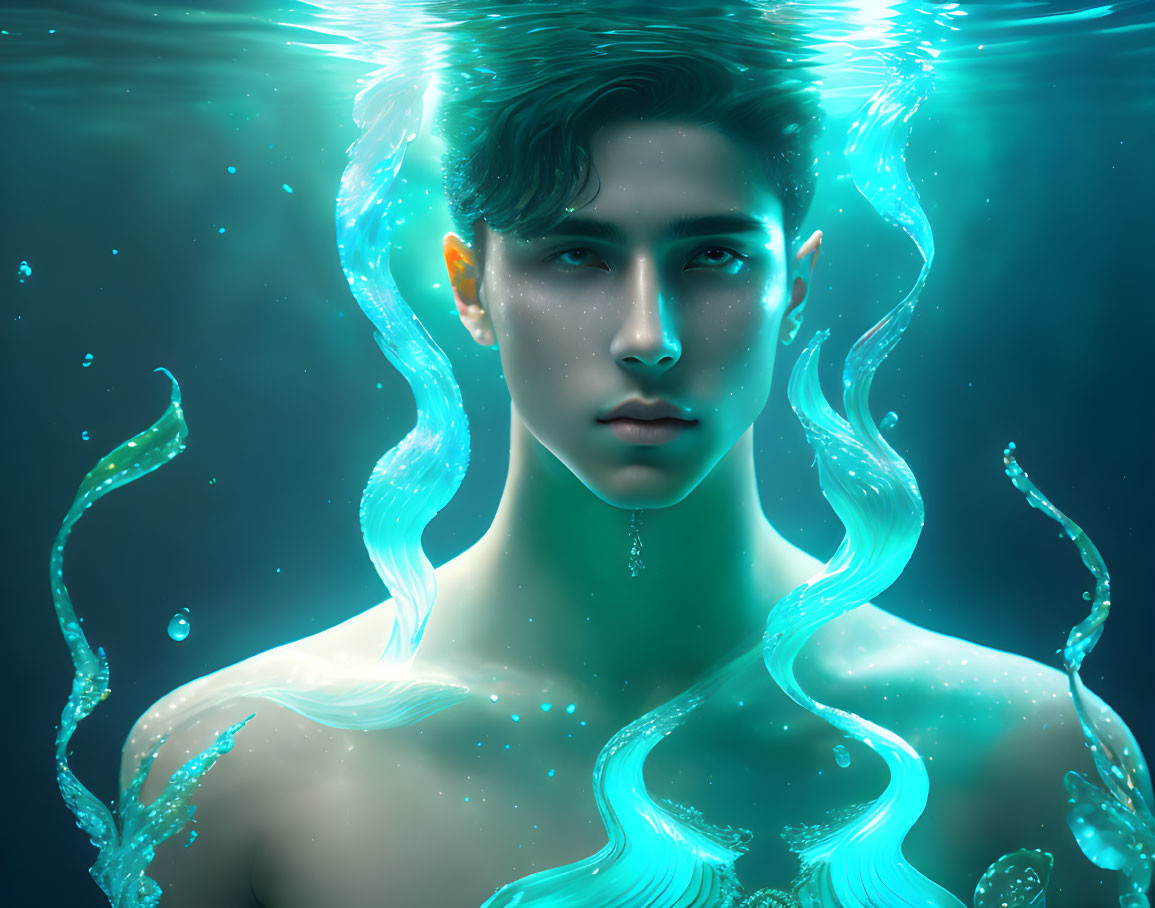 Blue-toned portrait of a person with glowing skin and water-like elements in an underwater scene