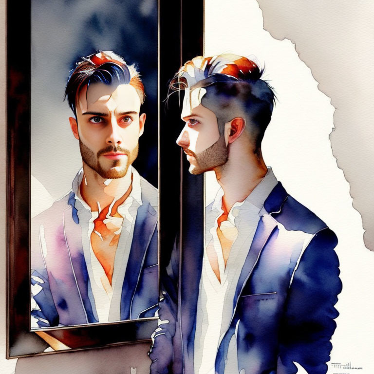 Profile Portrait of Bearded Man in Watercolor with Mirror Reflection