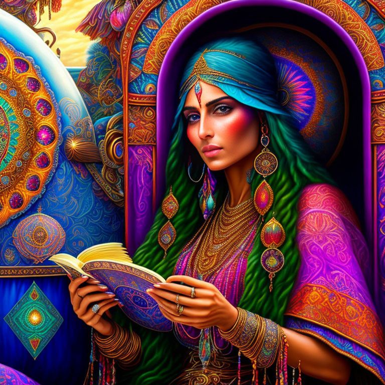 Colorful Woman Reading Book Surrounded by Patterns