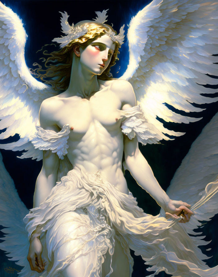 White-winged angel with laurel crown in ethereal glow