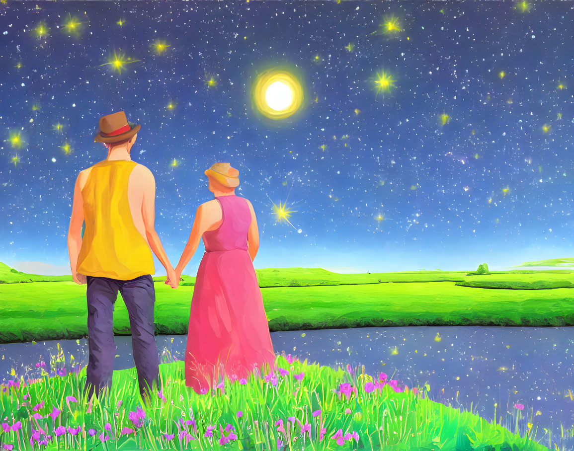Romantic couple in field under starry sky with moon and river