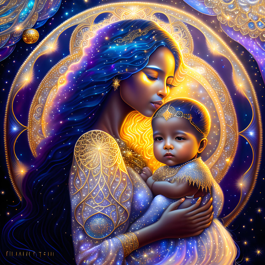 Celestial-themed artwork featuring woman with blue starry hair and child in cosmic setting.
