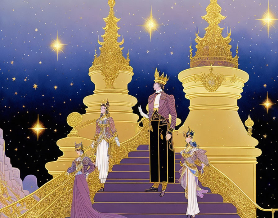 Regal Figures in Purple and Gold Attire on Stairs with Pagodas