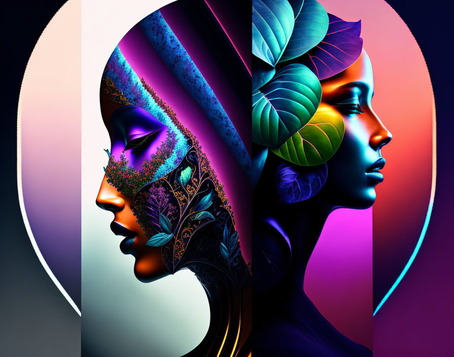 Colorful dual-profile digital artwork with foliage against circular backdrop