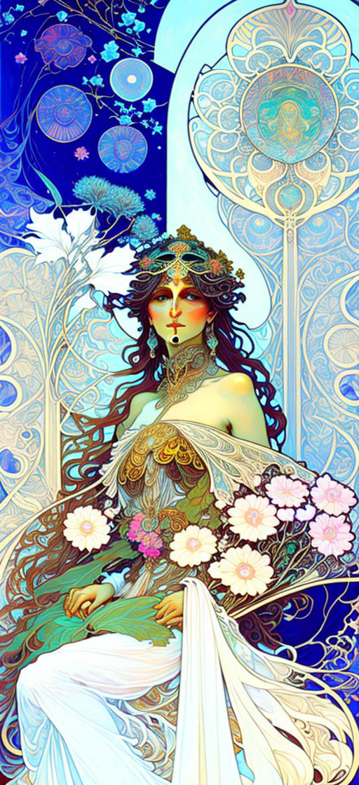 Art Nouveau Style Woman Illustration with Floral Crown & Celestial Motifs