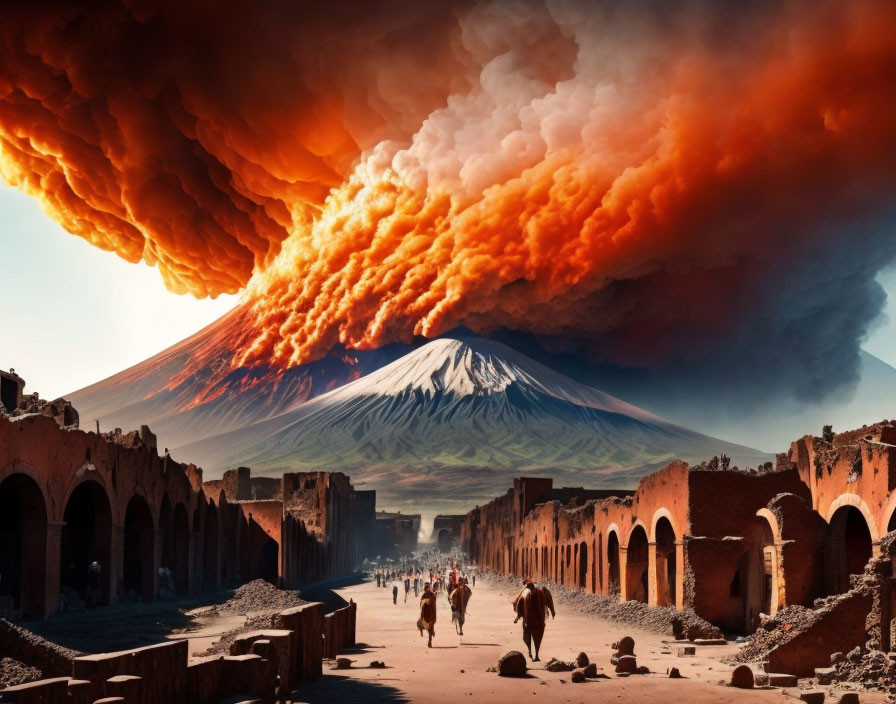 Massive volcanic eruption with ash plume over ancient city and fleeing people