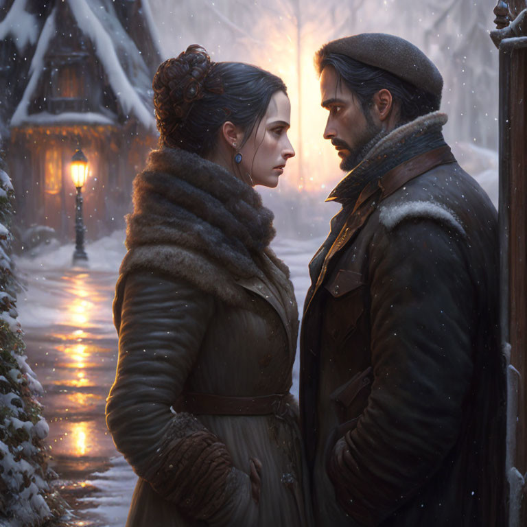 Intense snowy village scene with man and woman exchanging looks