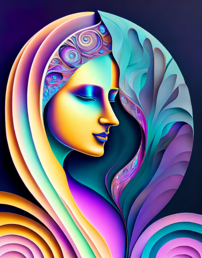 Colorful digital artwork featuring stylized female figure with flowing shapes on dark background