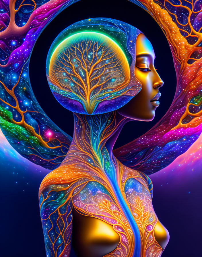 Digital artwork: Woman with tree brain in cosmic setting