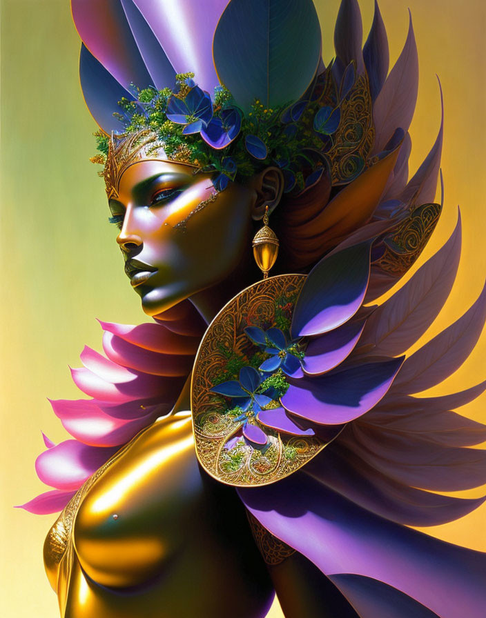 Regal figure with golden skin and purple feather headdress