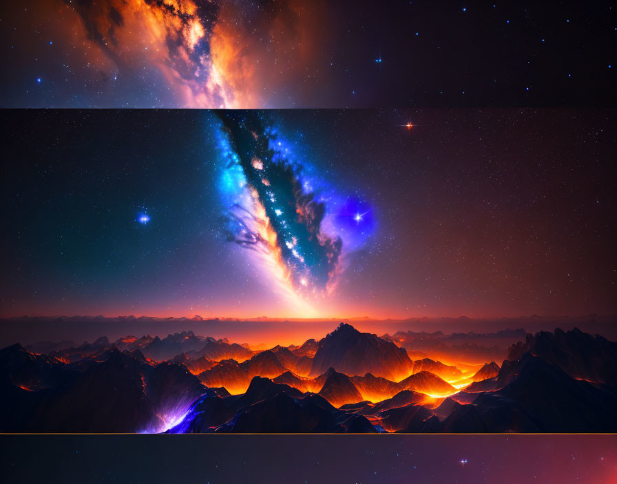 Colorful nebula above glowing mountain peaks under starry sky