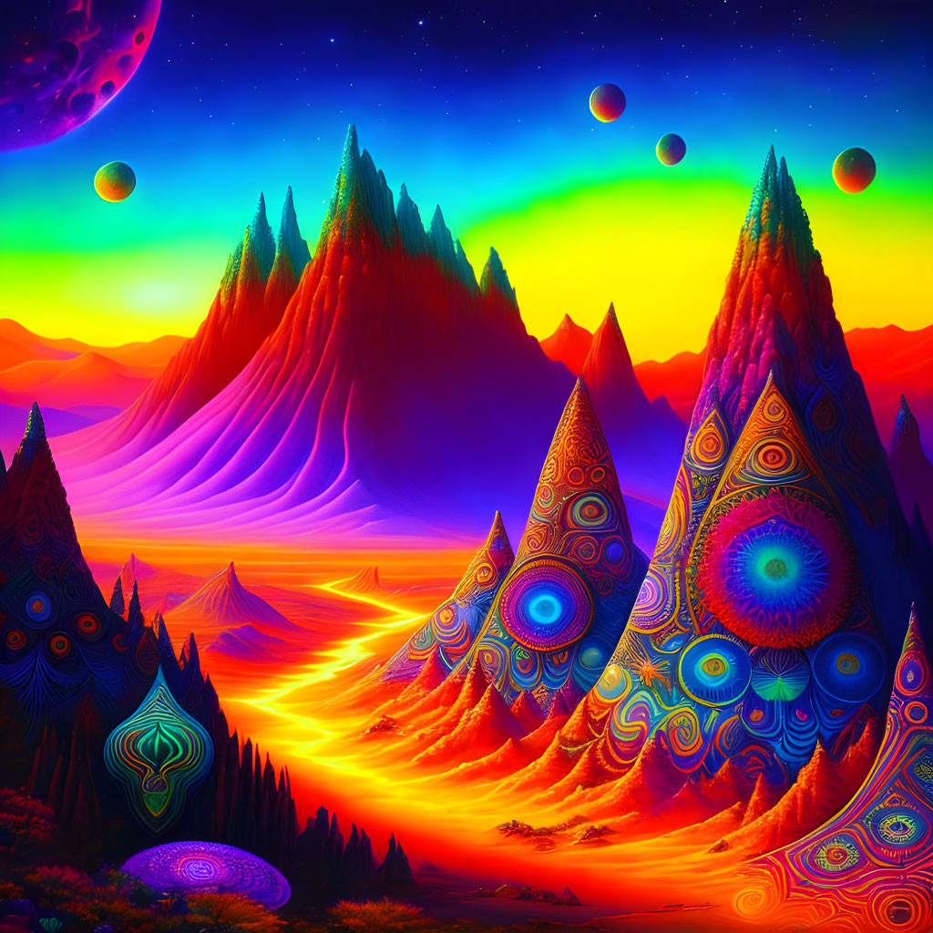 Colorful Psychedelic Landscape with Patterned Mountains and Multiple Moons