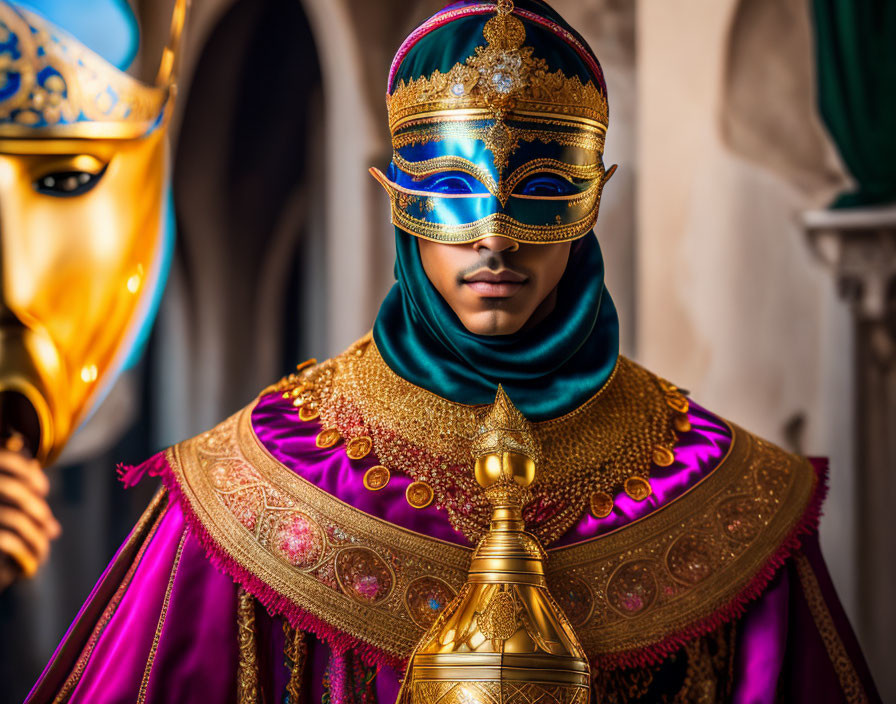 Person in Purple and Gold Costume with Blue Mask Holding Scepter at Festival