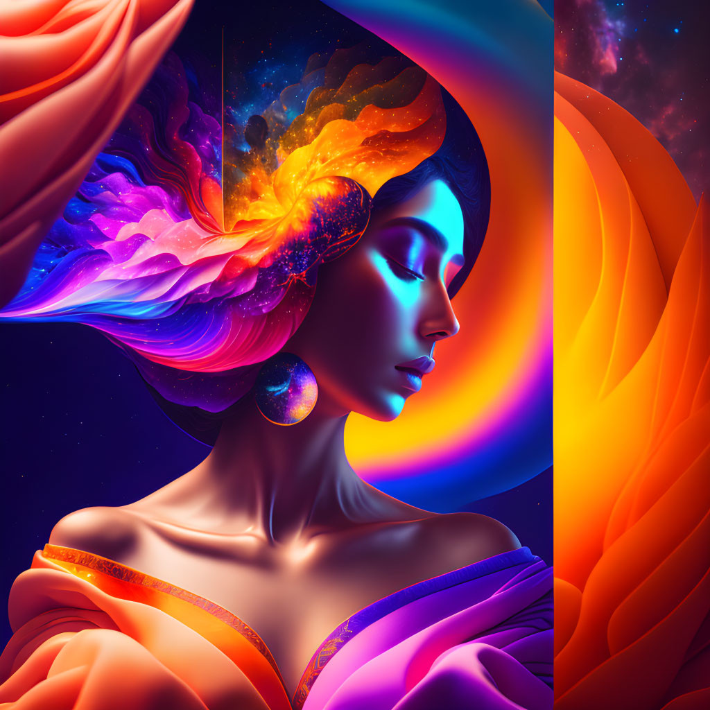 Digital artwork: Woman's profile with flowing hair in cosmic setting.