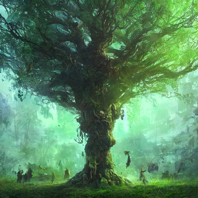 Giant mystical tree in lush forest with tiny figures and structures