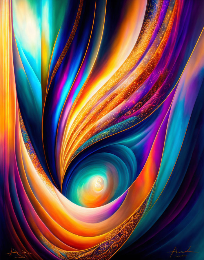 Colorful Abstract Art with Blue, Purple, Orange Hues & Gold Accents