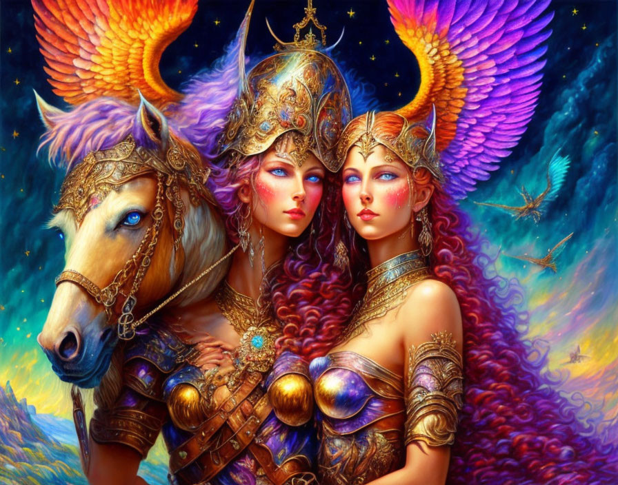 Vibrant fantasy image: Winged horse, armored women, ornate helmets, kaleidosc