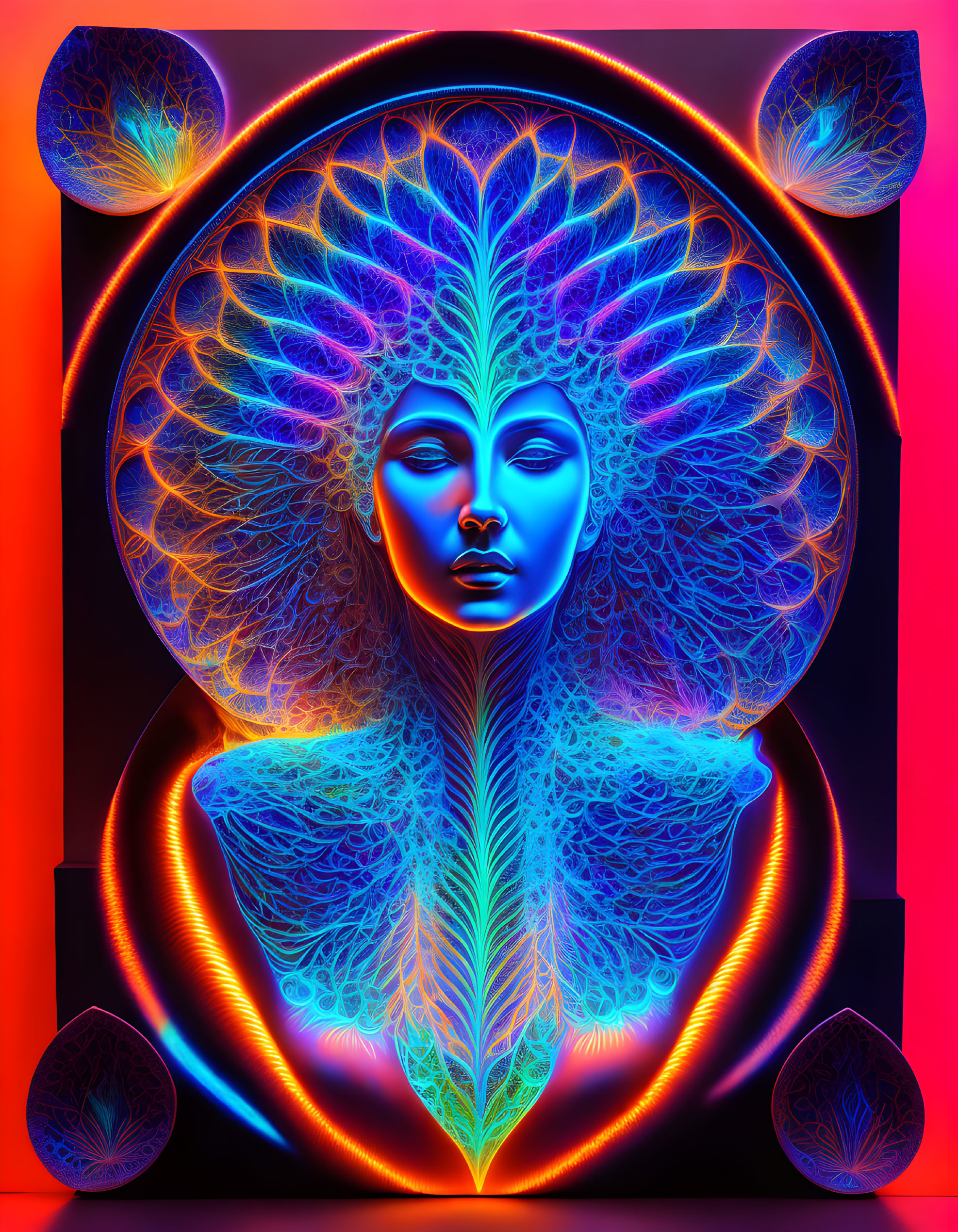 Symmetrical neon-lit figure with tree patterns in vibrant digital art