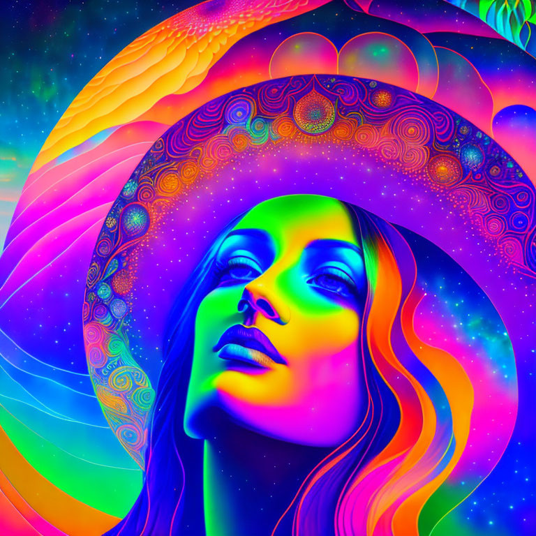 Colorful Psychedelic Woman's Face Illustration with Radiant Skin and Ornate Halo