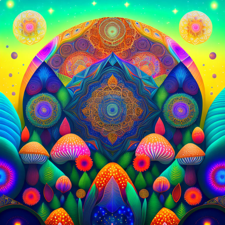 Colorful psychedelic artwork with intricate patterns and mushrooms under a kaleidoscopic sky