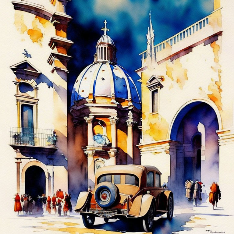 Colorful watercolor painting of old car in historic city square with people and domed building.